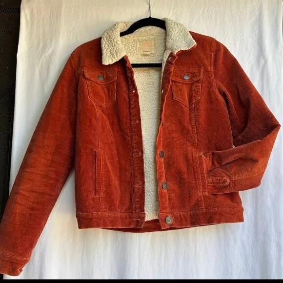 Quiksilver Sherpa Lined Corduroy Trucker Jacket – Rust Orange Cropped Size S - Picture 1 of 4
